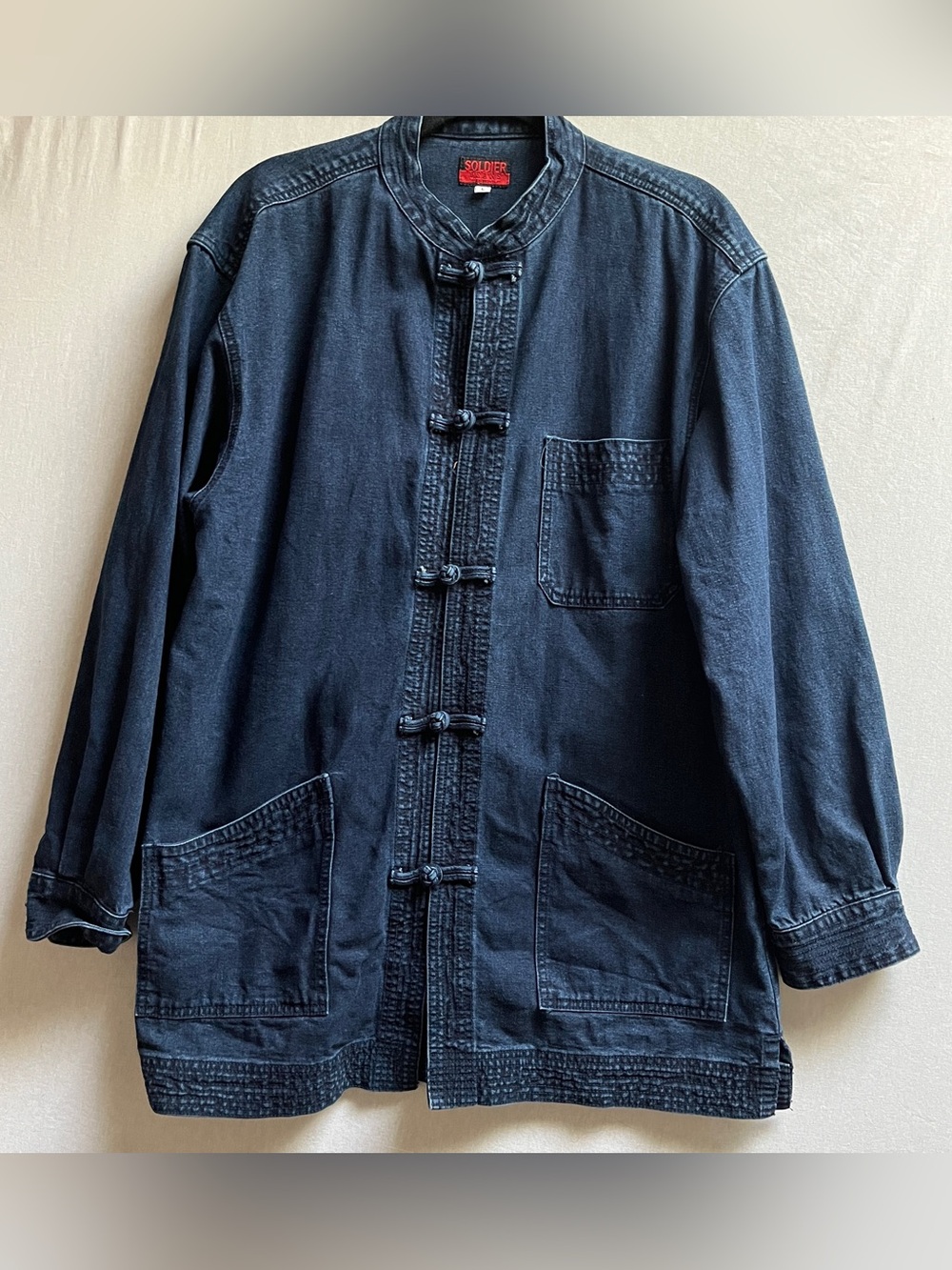 Vintage Soldier Jeans Men's Navy Denim Mandarin Collar Denim Chore Jacket Size L